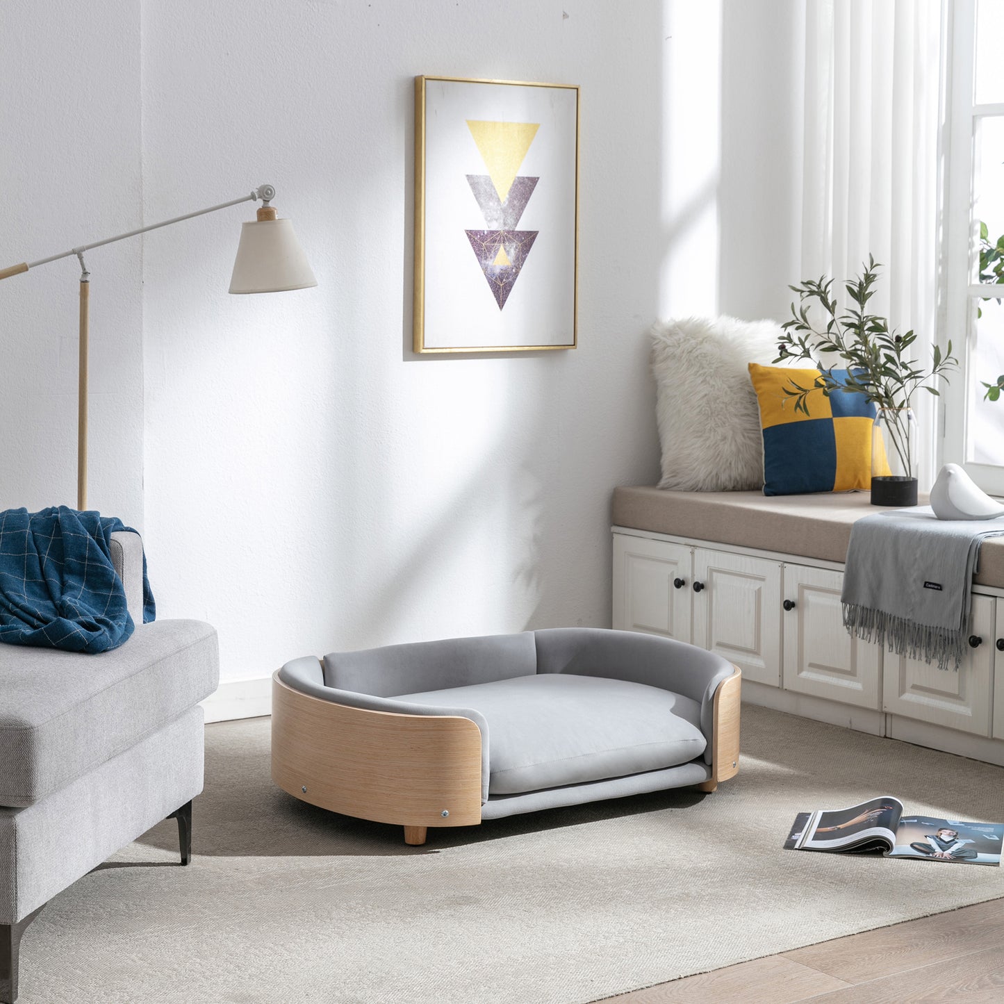 Large Scandinavian Style Elevated Dog Bed with Velvet Cushion and Solid Wood Legs