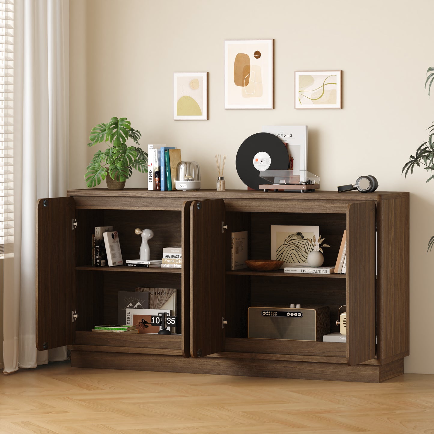 59.1" Walnut 4-Door Sideboard Buffet Cabinet with Adjustable Shelves