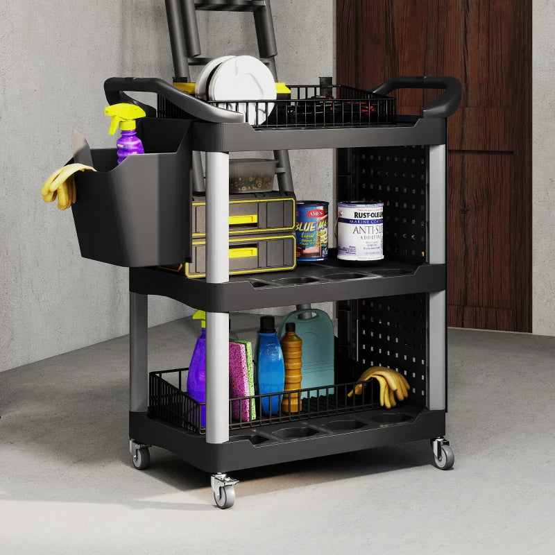3-Tier Rolling Tool Cart with Side Shelf and Bucket, 200 LBS Capacity, Black & Gray Utility Cart