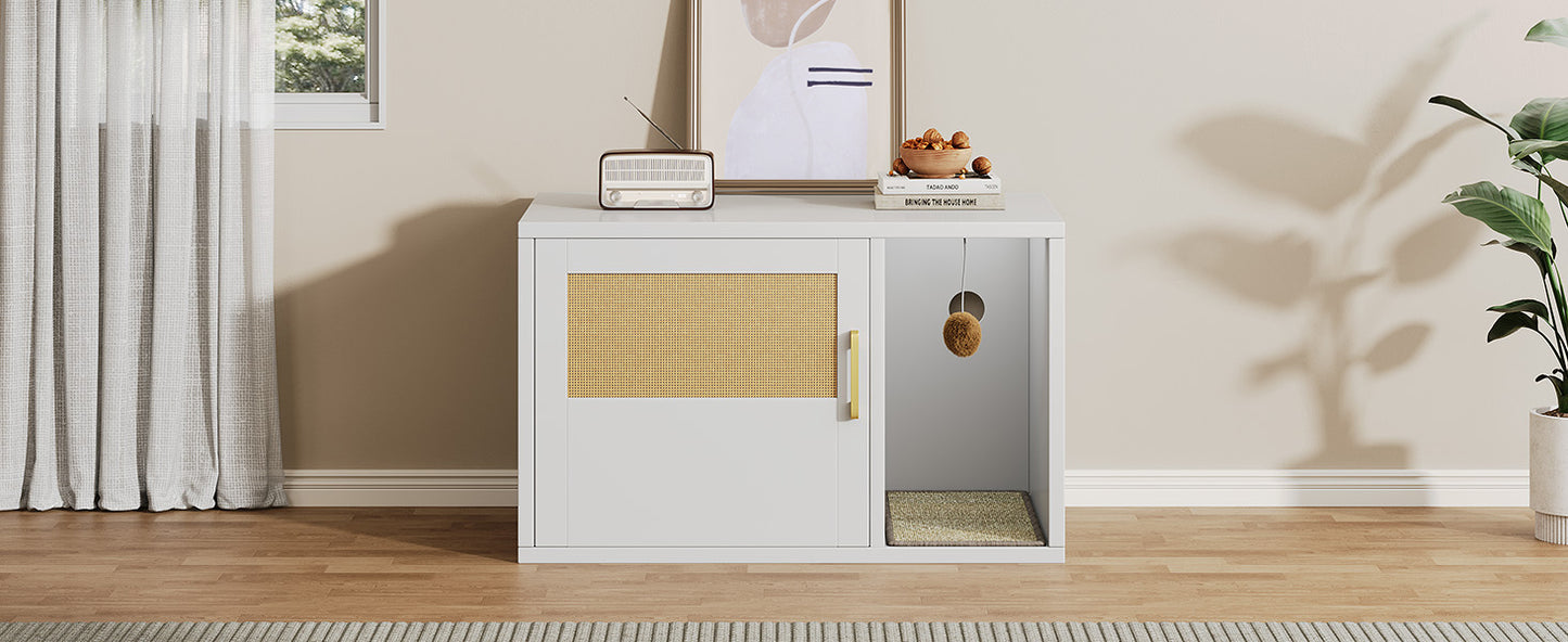 Multifunctional Cat Litter Box Cabinet with Odor Control & Side Table - White