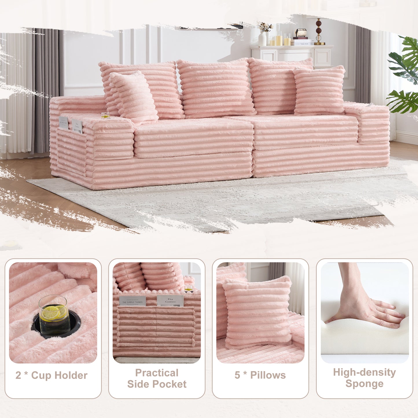 Oversized Four-Seat Sofa Bed with Cup Holder & Pockets - Pink