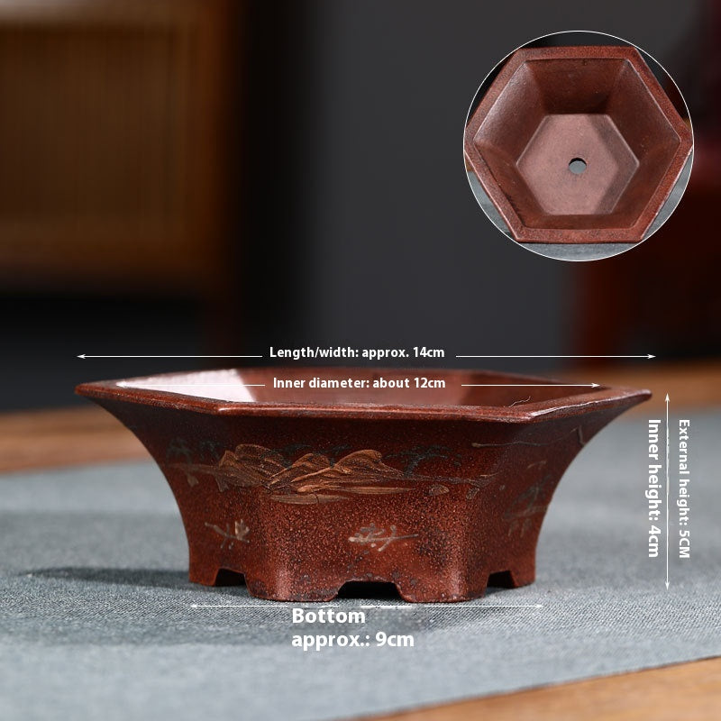 Purple Clay Flowerpot with Chinese Style Design Small Round & Square Options