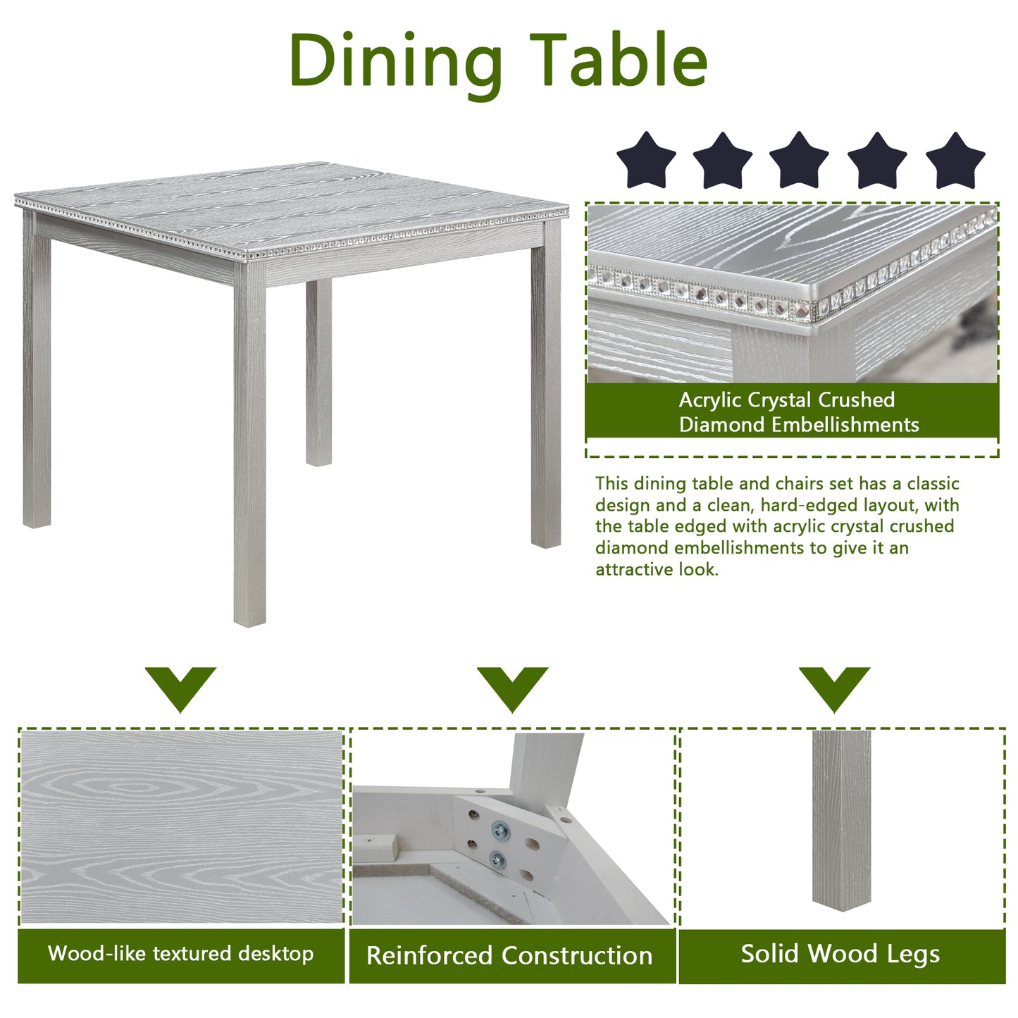 Square Dining Table for 4 - Solid Wood & MDF, Silver Grey