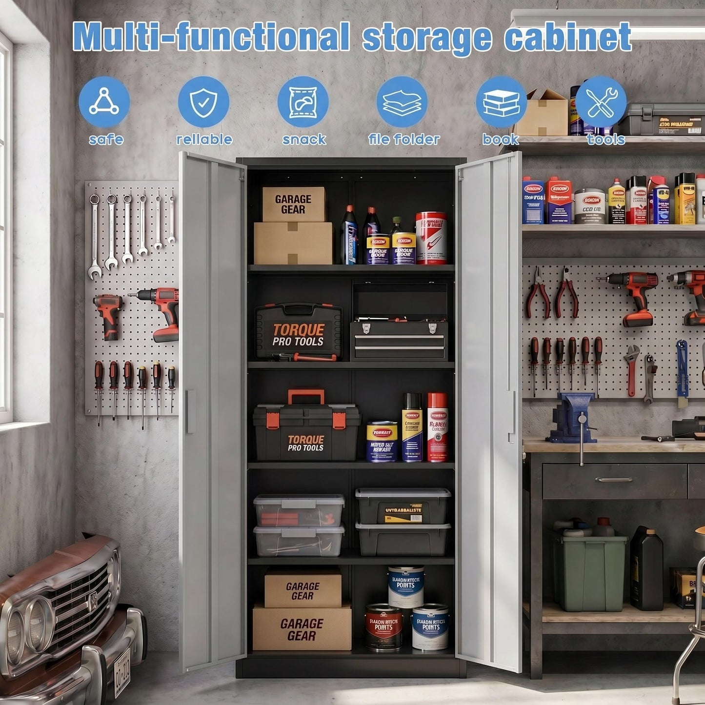 Lockable Steel Storage Cabinet with 4 Adjustable Shelves - Black & Gray