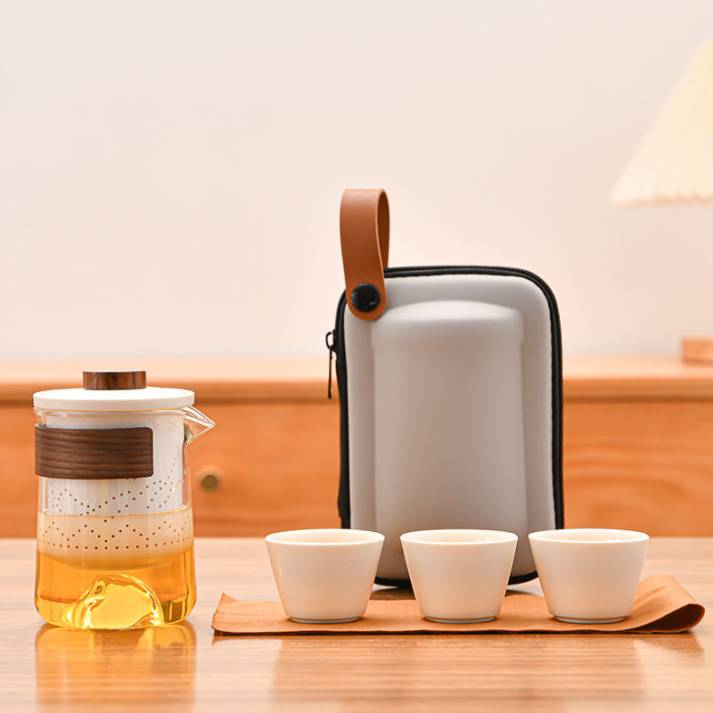 Outdoor Travel Tea Set with Canister Tray & Caddy - Portable Ceramic Tea Kit