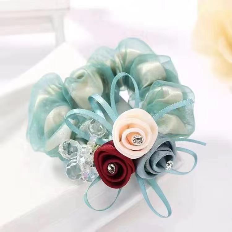 Large Intestine Flower Scrunchies with Rhinestones & Pearls – Hair Accessories for Women