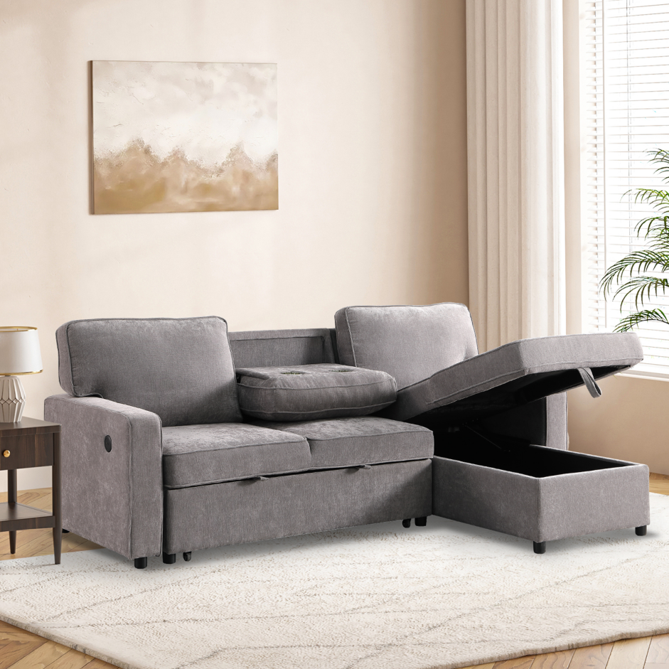 Sectional Sofa Bed with Storage, USB Port & Cup Holders - Gray