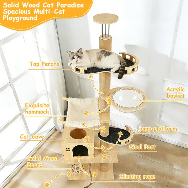 Adjustable Floor to Ceiling Cat Tree with Multi-Level Climbing Tower, Scratching Posts, Cozy Hammock & Transparent Capsule