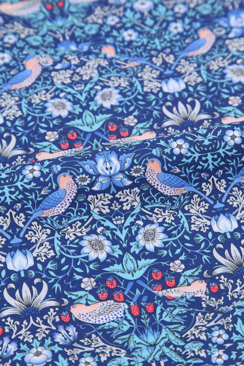 Deep Blue Bird Forest Cotton Fabric - Botanical Print 100% Cotton Textile