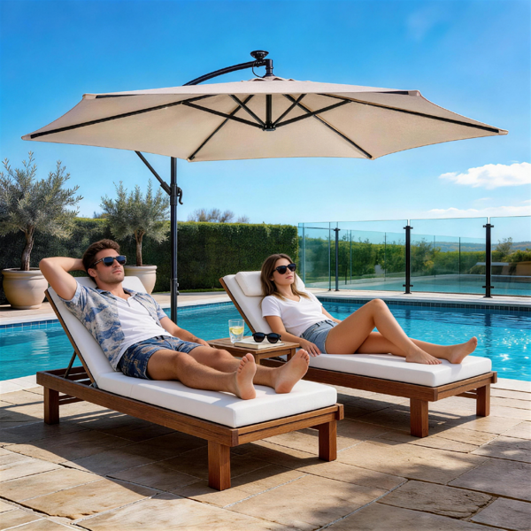 10FT Round Patio Hanging Umbrella with LED Lights - Khaki