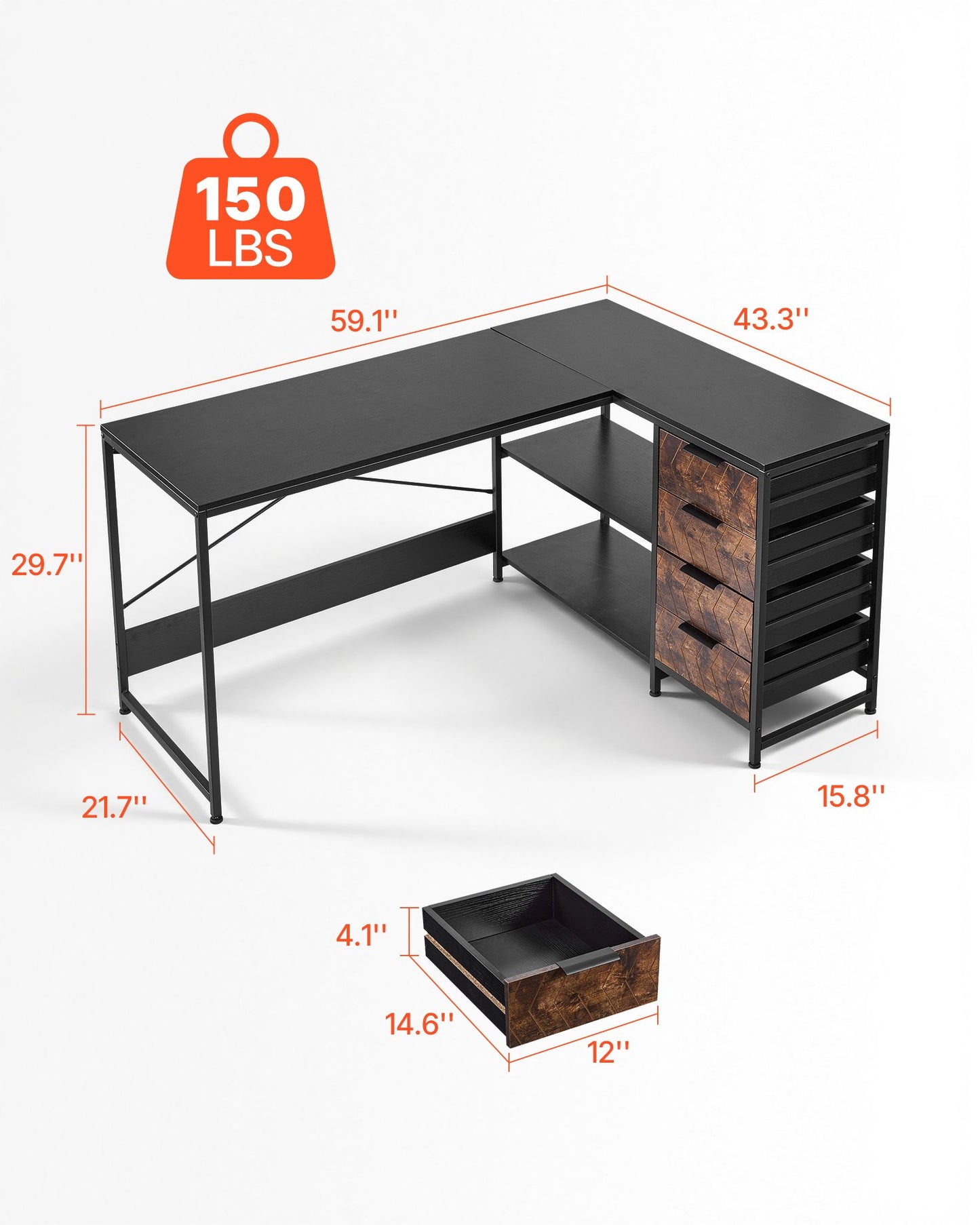Reversible L-Shaped Computer Desk with Drawers & Shelves - 59 Inch Home Office Workstation