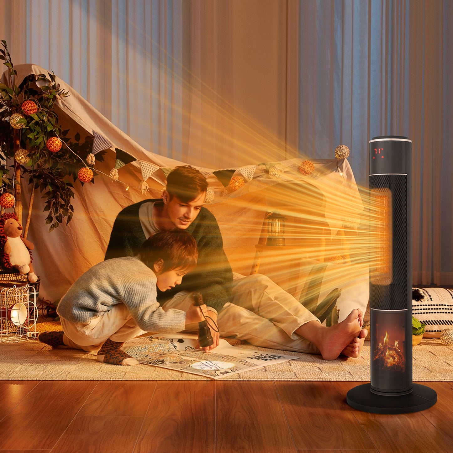 32inch Tower Space Heater with 3D Flame Effect, 1500W Portable Electric Heater with Thermostat, Oscillation, Timer & Remote