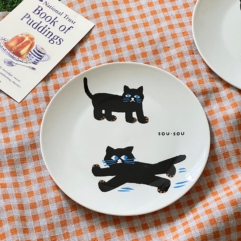 Black Cat Ceramic Dinner Plate 8-inch Salad Dish for Kitchen & Dining