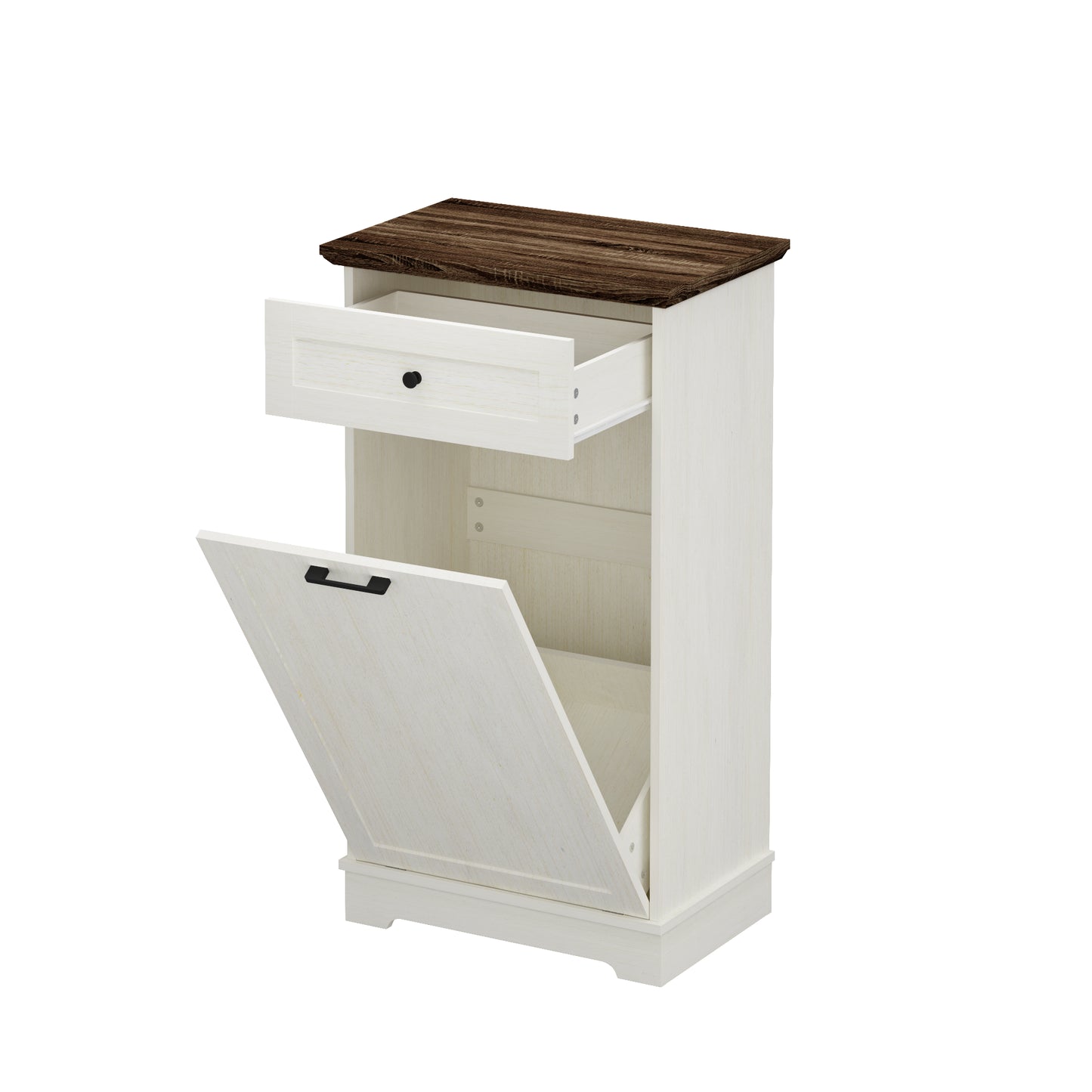 Tilt-Out Trash Cabinet - Freestanding Wood Recycling Bin with Drawer, Antique Brown & White