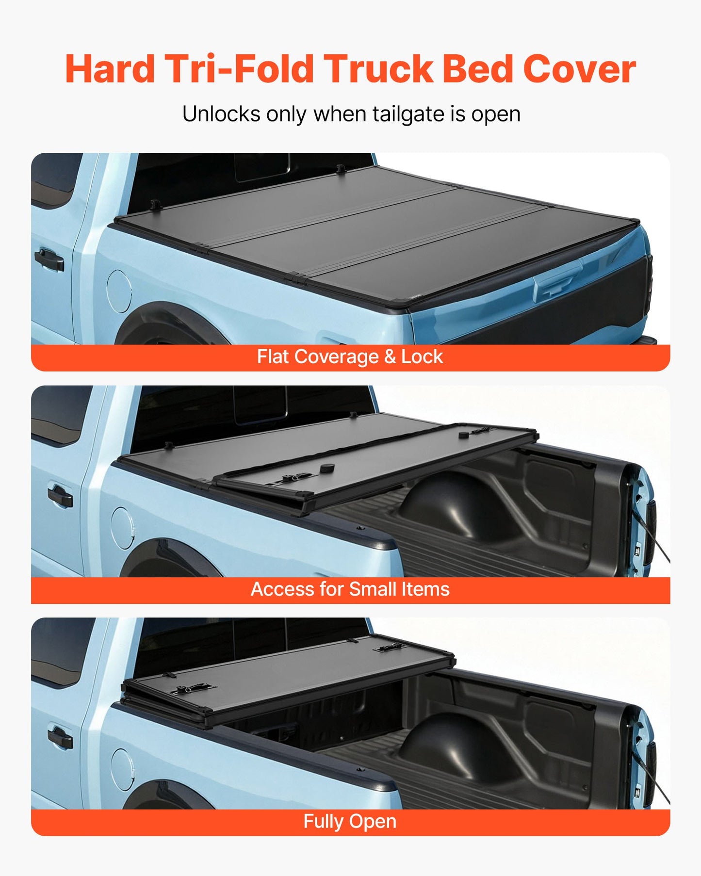 Hard Tri-Fold Truck Bed Tonneau Cover for Toyota Tacoma 2016-2025 Waterproof Fiberglass Black