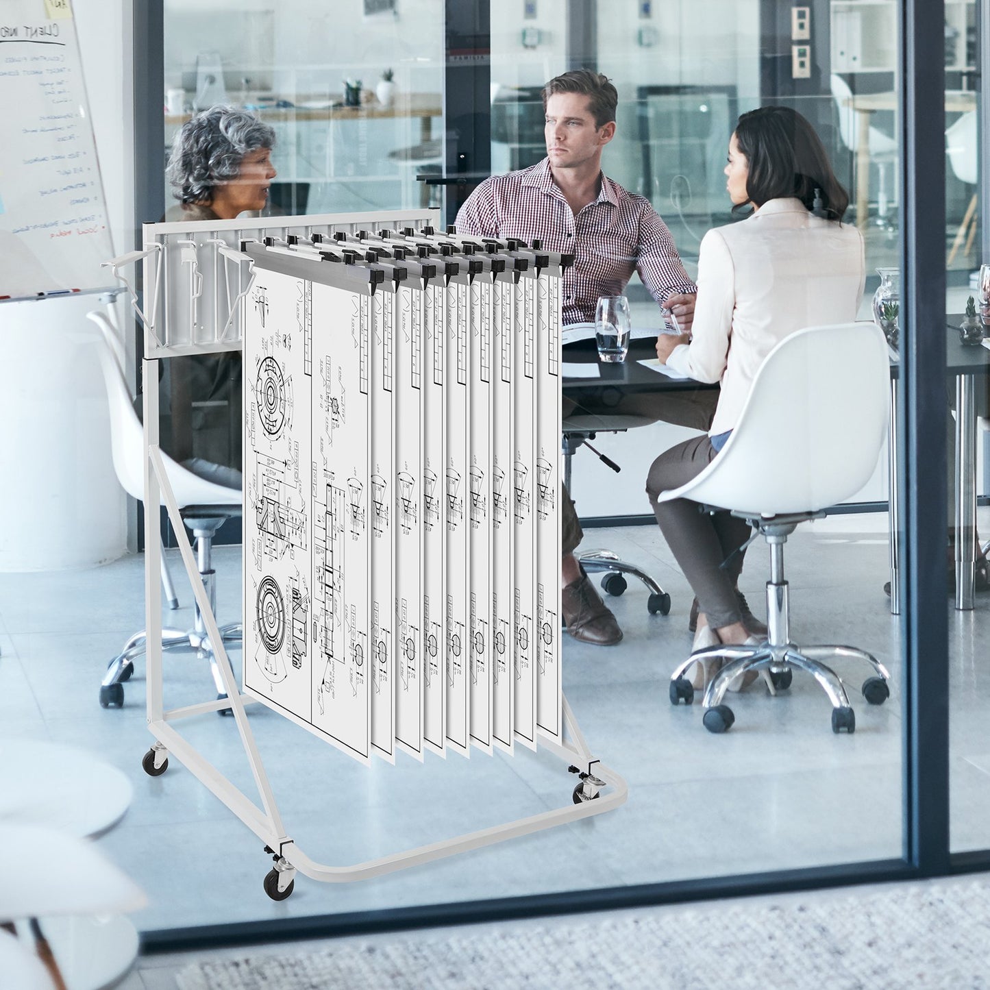 Mobile Blueprint Storage Rack with 12 Pivot Brackets - White