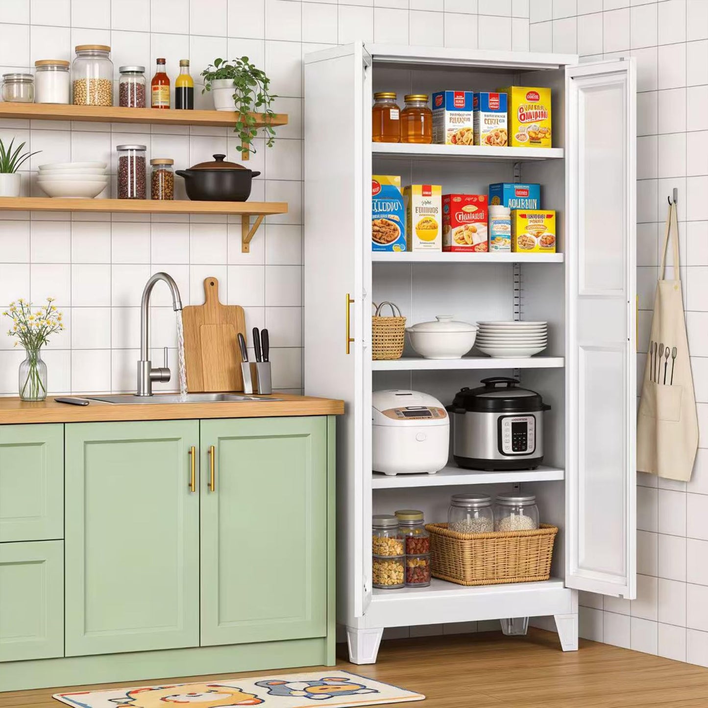 Metal Kitchen Pantry Cabinet with Adjustable Shelves - White