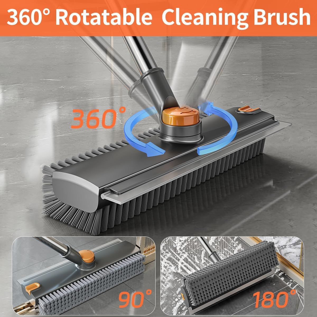 Heavy Duty Floor Scrub Brush with Long Adjustable Handle and Stiff Bristles - Grey & Black