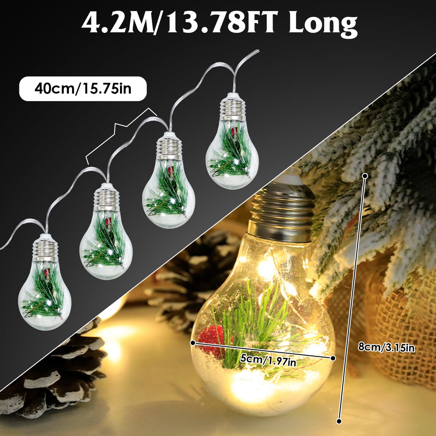 Warm White Christmas Snow Globe String Lights - 10 LED Bulbs, 13.78FT