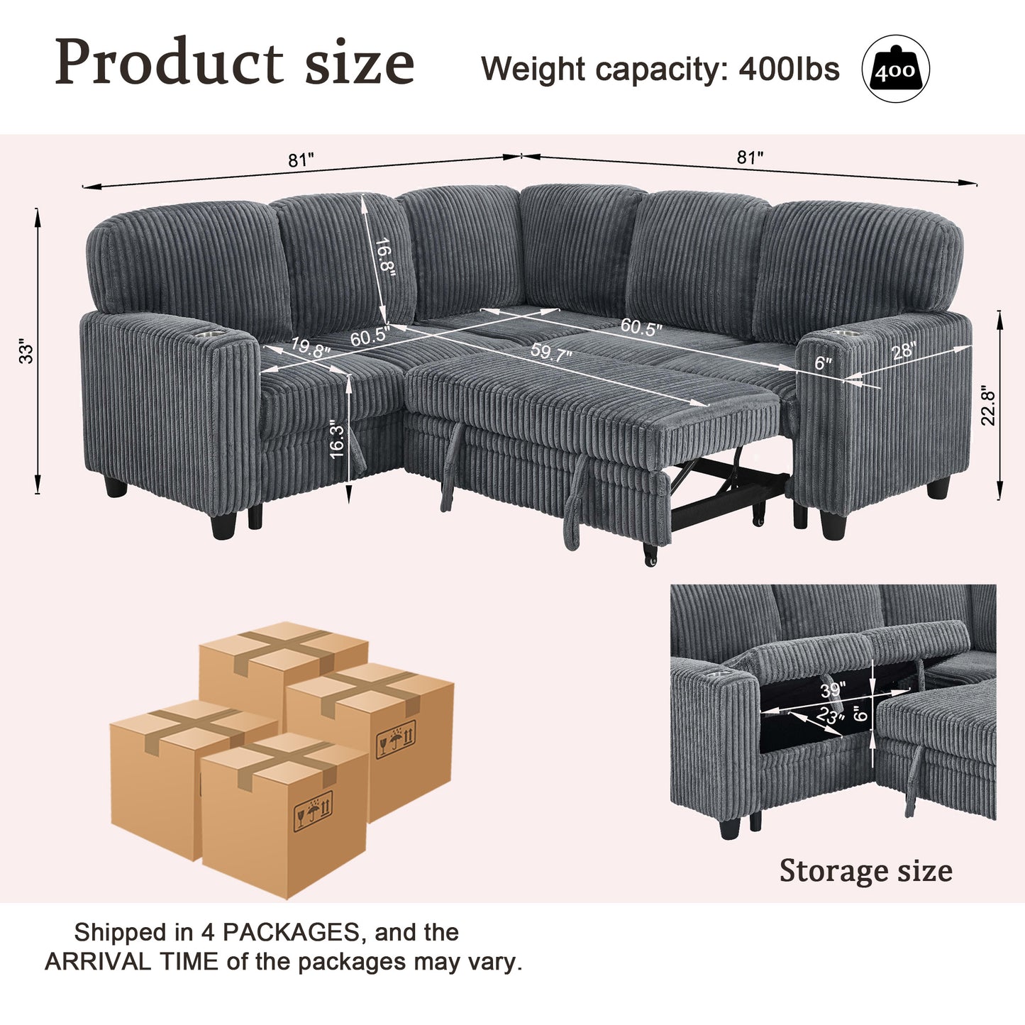 L-Shaped Sectional Sofa Bed with Storage & USB Charging - Grey