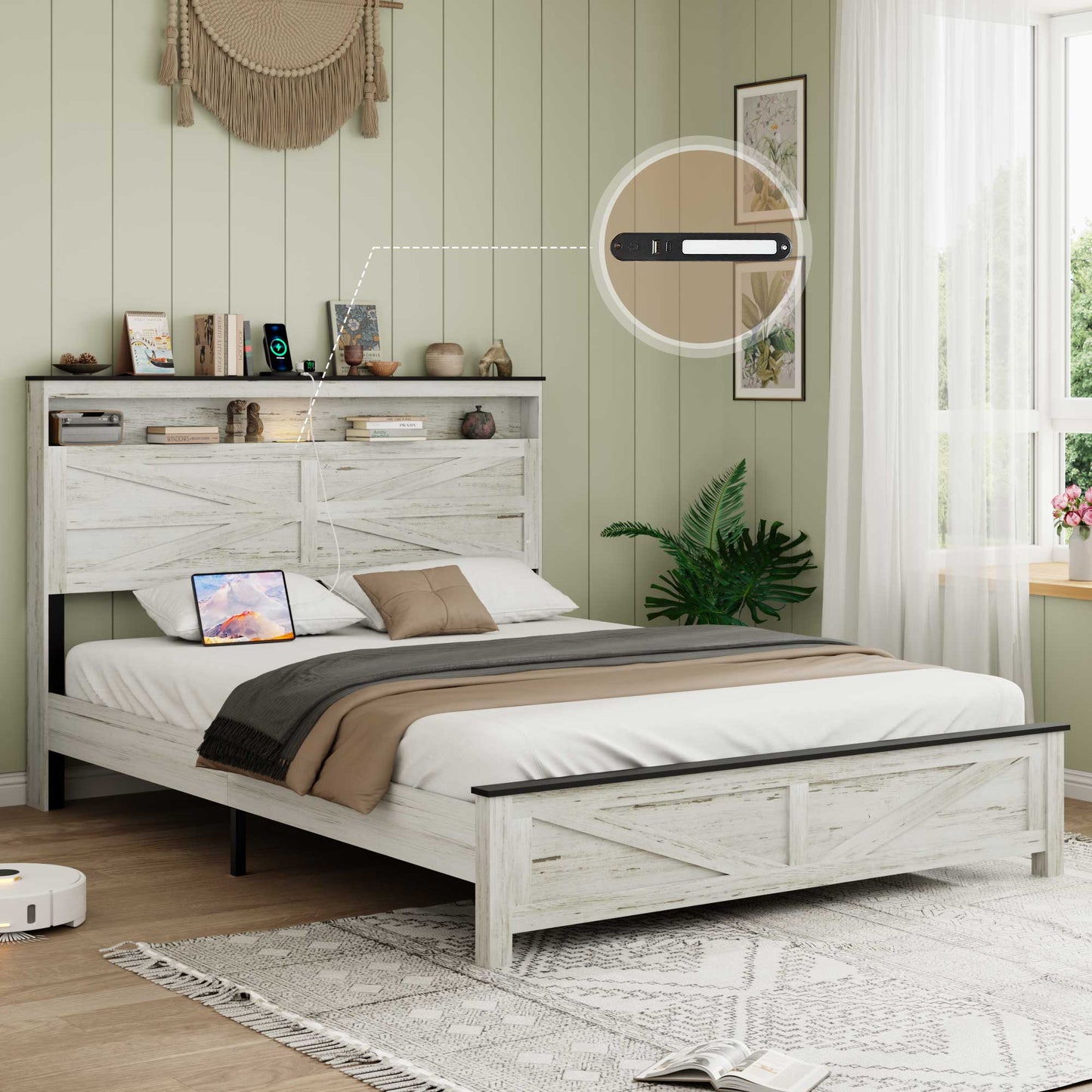 Queen Platform Bed Frame with LED, Charging Station & Storage