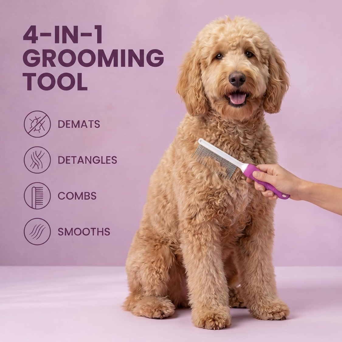 Pet Comb with Stainless Steel Long & Short Teeth for Detangling & Grooming - Purple