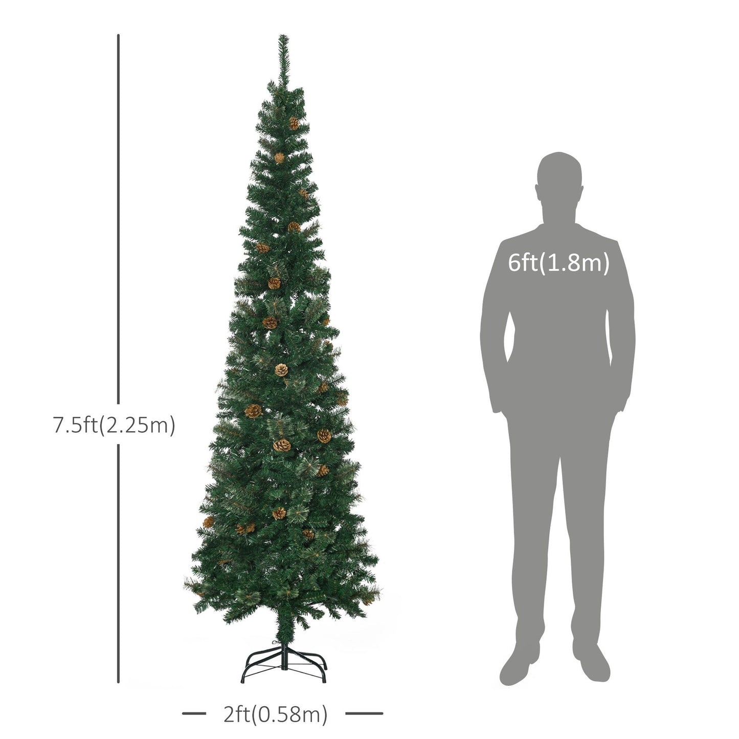 7.5ft Pencil Christmas Tree - Artificial with Pine Needles & Cones