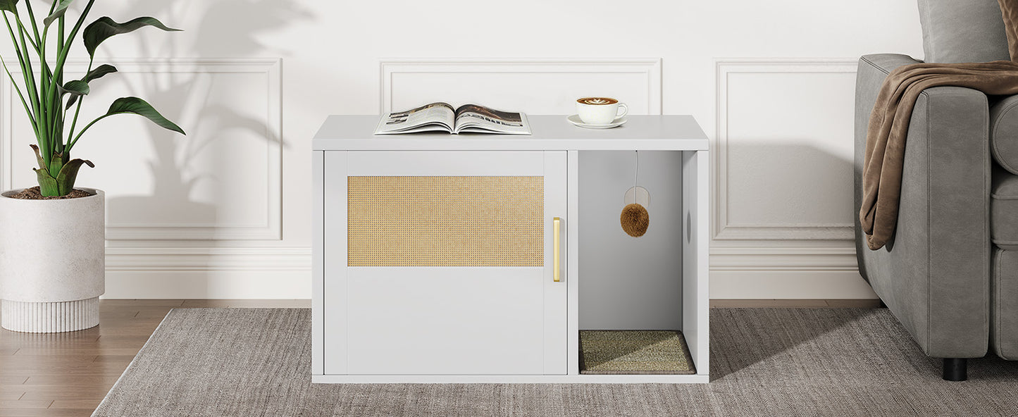 Multifunctional Cat Litter Box Cabinet with Odor Control & Side Table - White