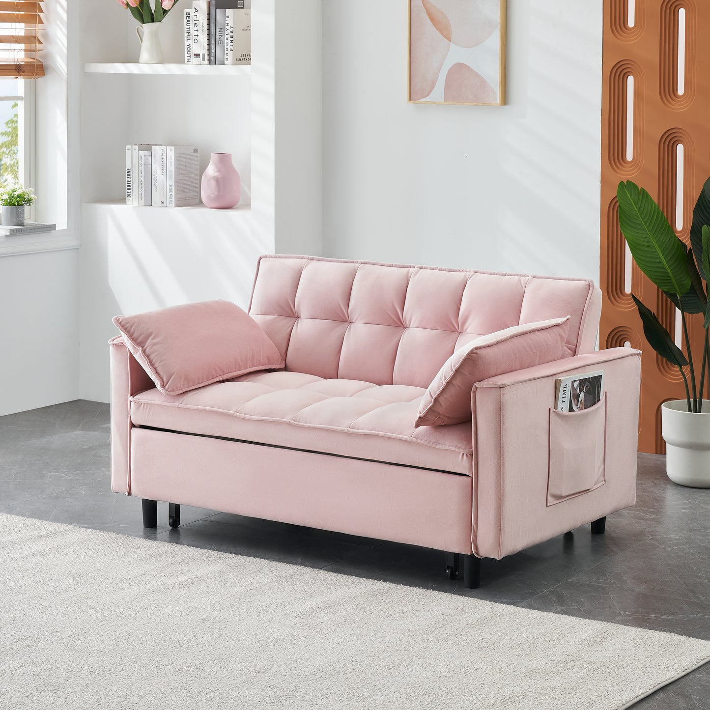 Convertible Velvet Sofa Bed - Small Love Seat with Pillow - Pink