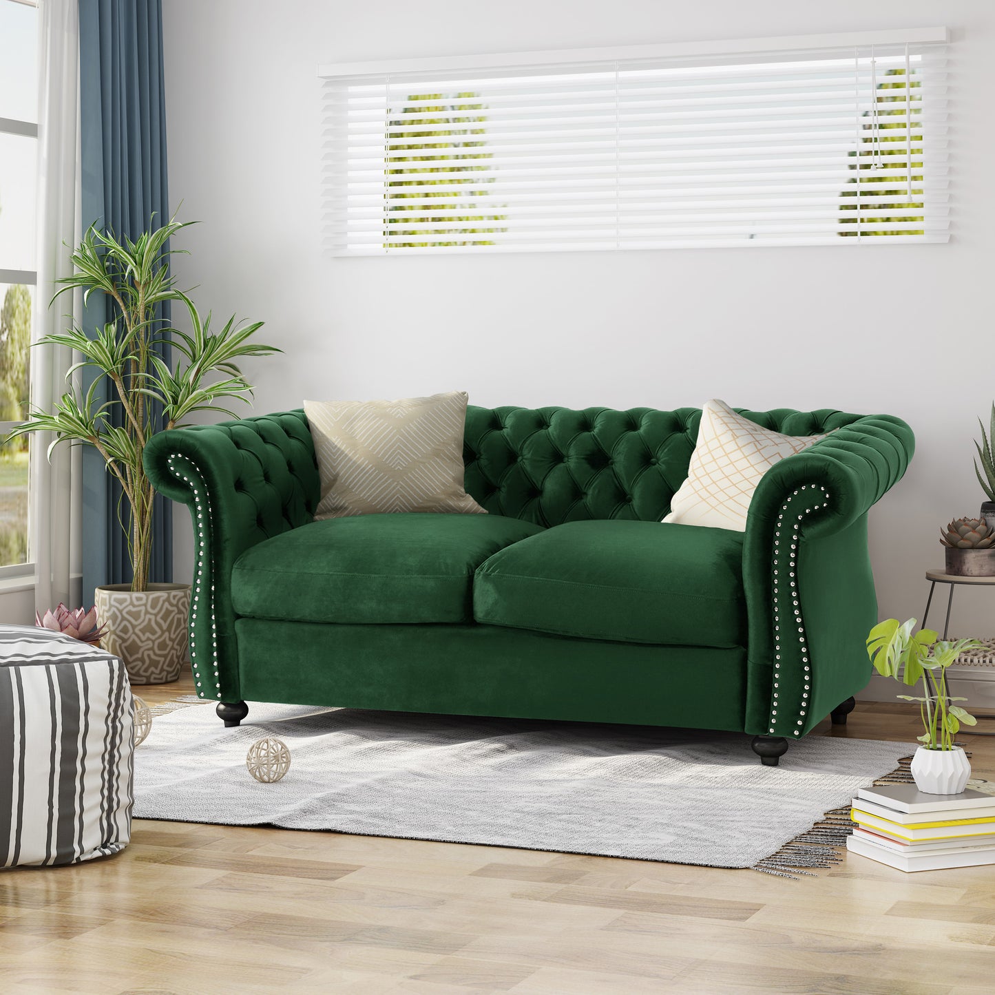 Chesterfield Loveseat Sofa - Emerald Velvet, 2-Seater