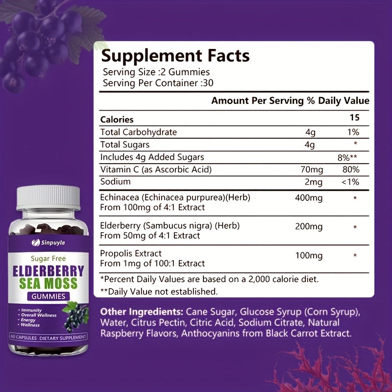 Sugar-Free Elderberry Sea Moss Gummies - Immune Support & Energy Boost - 60ct