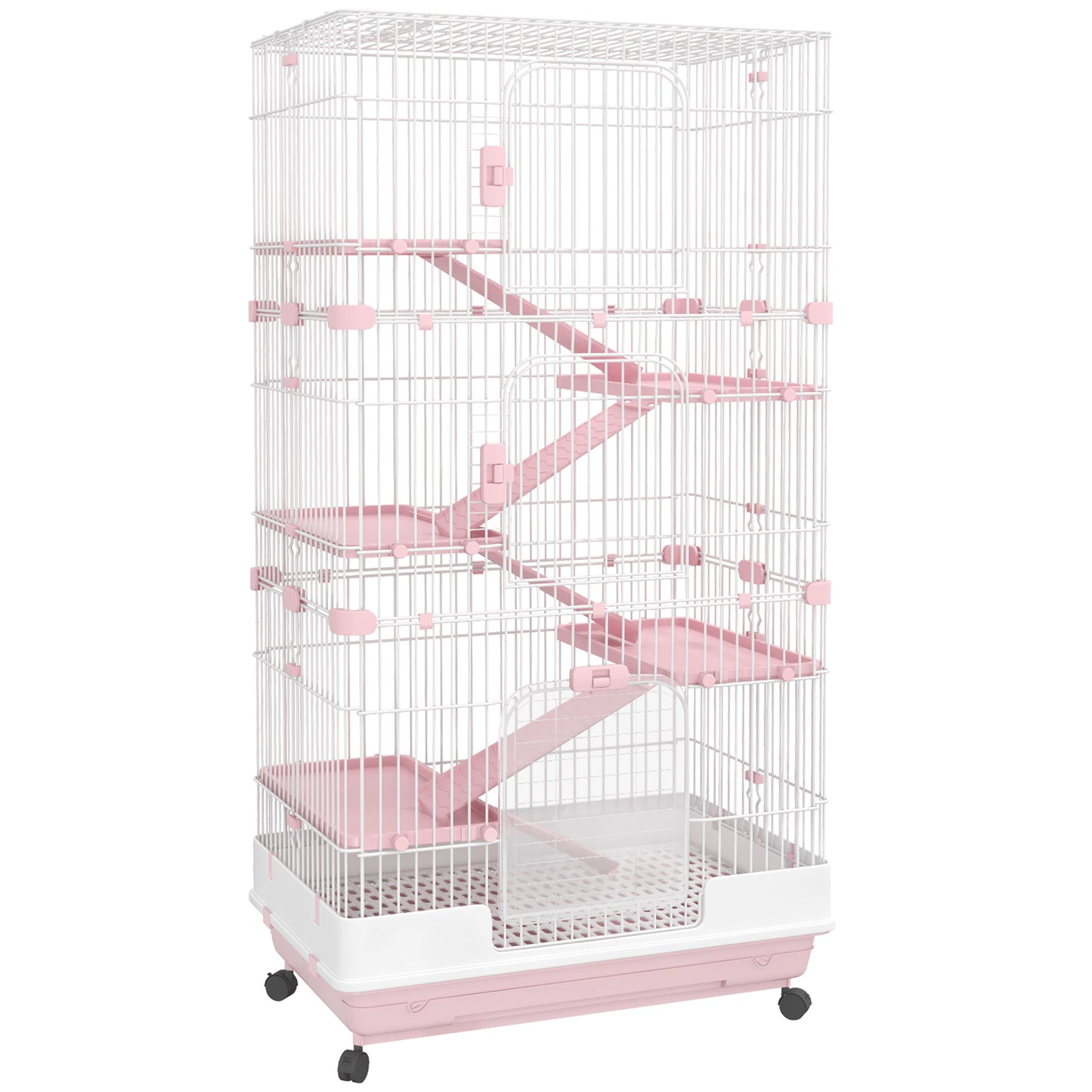 Small Animal Cage 32 Inch 6-Level Bunny Hutch with Lockable Wheels & Slide-Out Tray - Pink