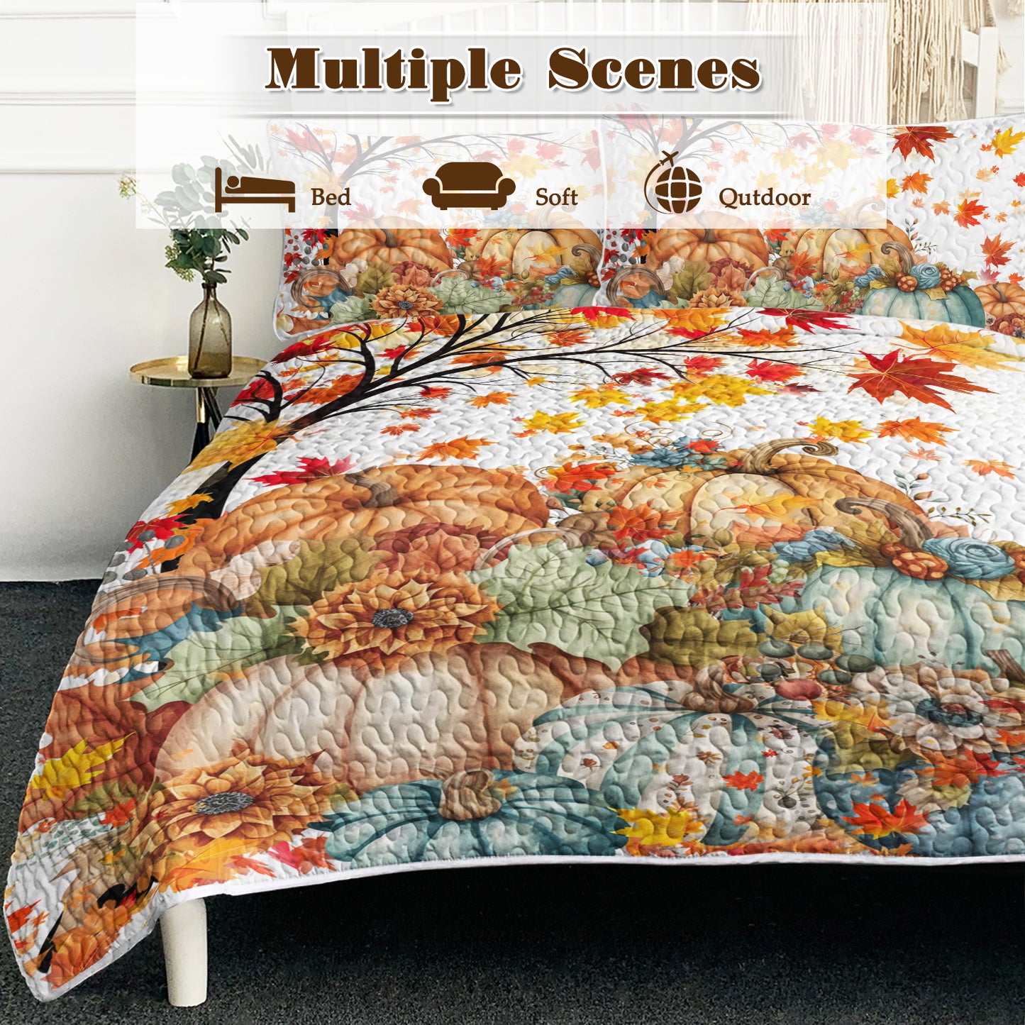 Autumn Quilt Set - Pumpkin Print Bedspread with 2 Pillow Shams