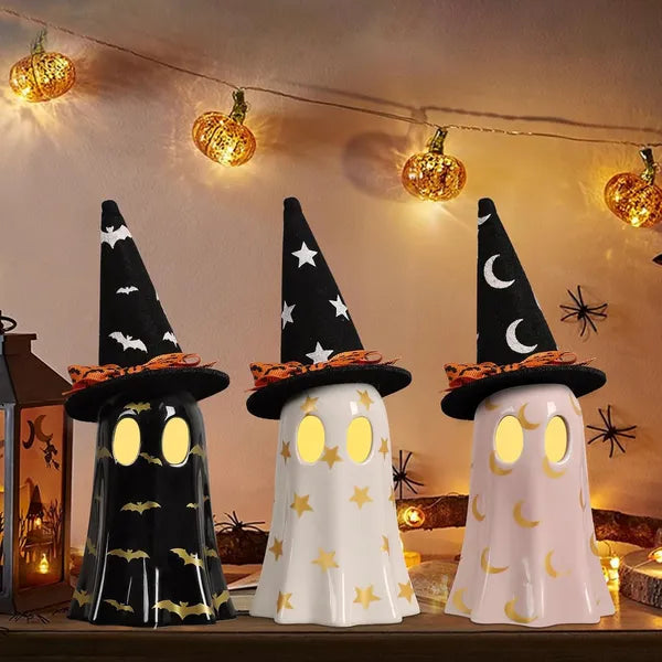 Set of 3 Ceramic Ghost Figurines with Witch Hats for Halloween Decor