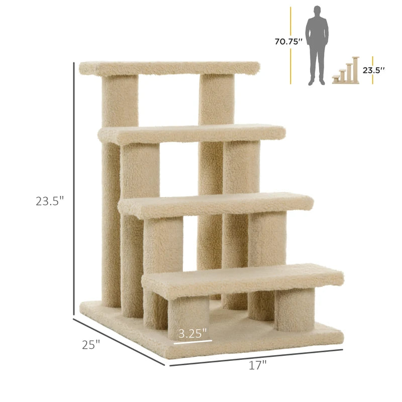 Multi-Level Carpeted Cat Scratching Post with Stairs - Cream White