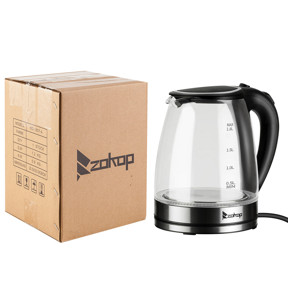 1.8L Electric Glass Kettle with Blue LED, Auto Shut-Off, 1500W