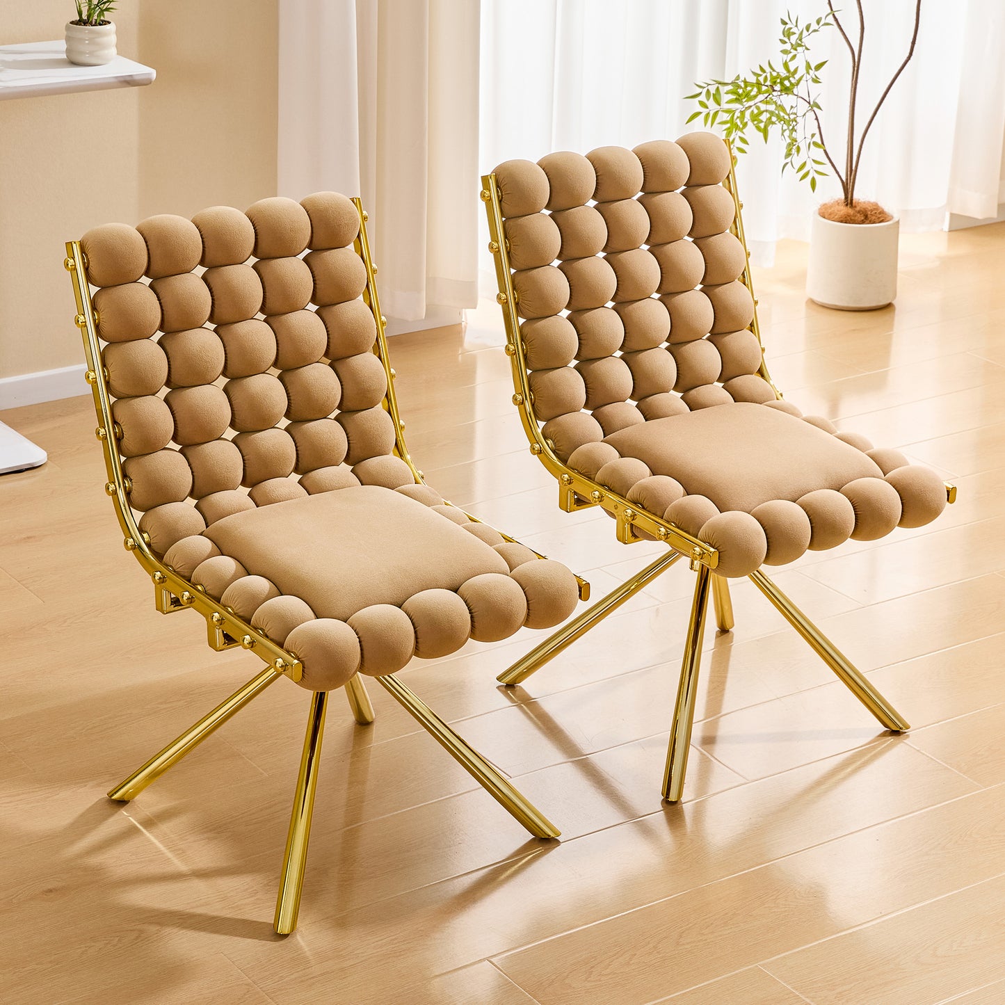 Set of 2 Tufted Ball Backrest Swivel Chairs with Gold Legs - Brown & Gold