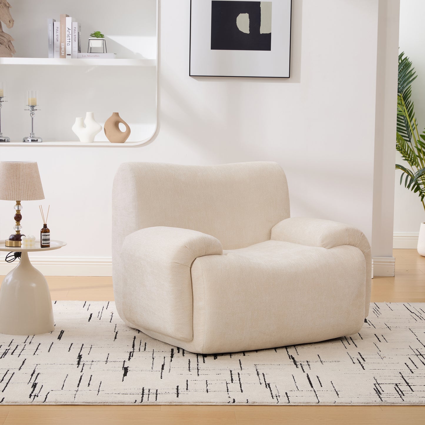 Modern Upholstered Accent Chair - Beige Chenille Armchair