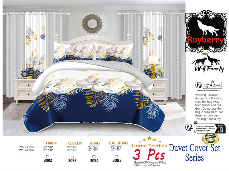 3-Piece Navy Blue & Gold Tropical Floral Duvet Cover Set