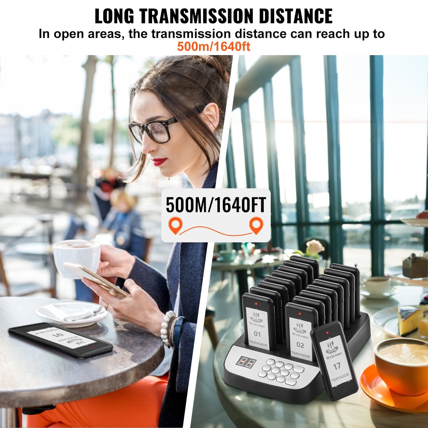 Wireless Restaurant Pager System with 16 Beepers & Vibration - Black