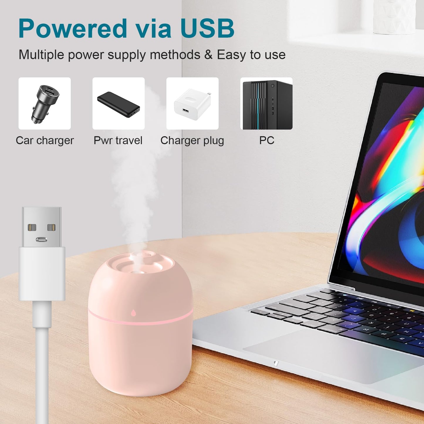 Portable Mini Humidifier 220ml for Bedroom Office Travel - Cool Mist, Quiet, USB