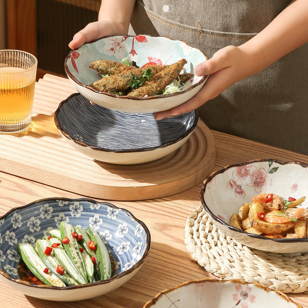 Chinese Style Ceramic Vegetable Dish with Floral Hand Drawn Pattern