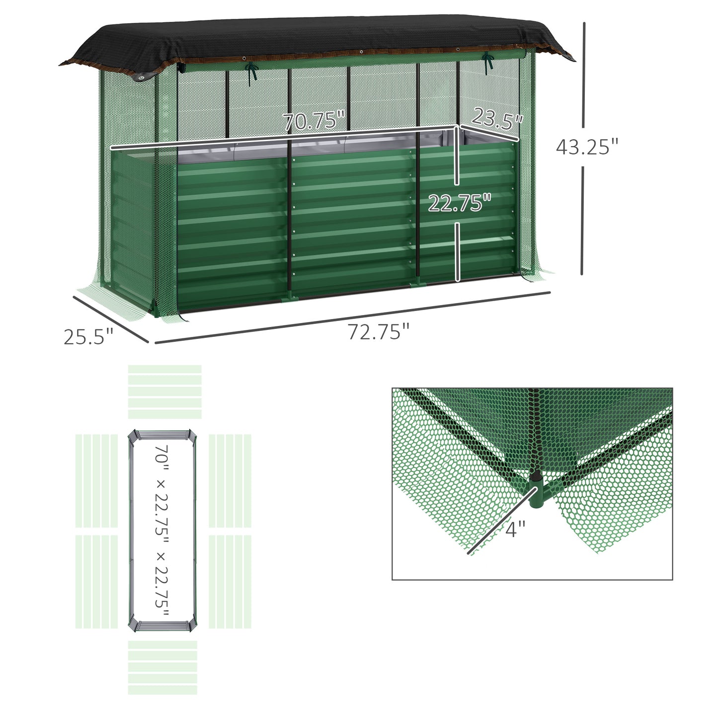 Galvanized Steel Raised Garden Bed with Crop Cage and Shade Cloth - Outdoor Planter Box, Green