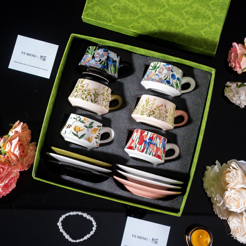 Elegant Iris Flower Ceramic Coffee Cup Set with Gift Box - Multiple Styles & Sizes