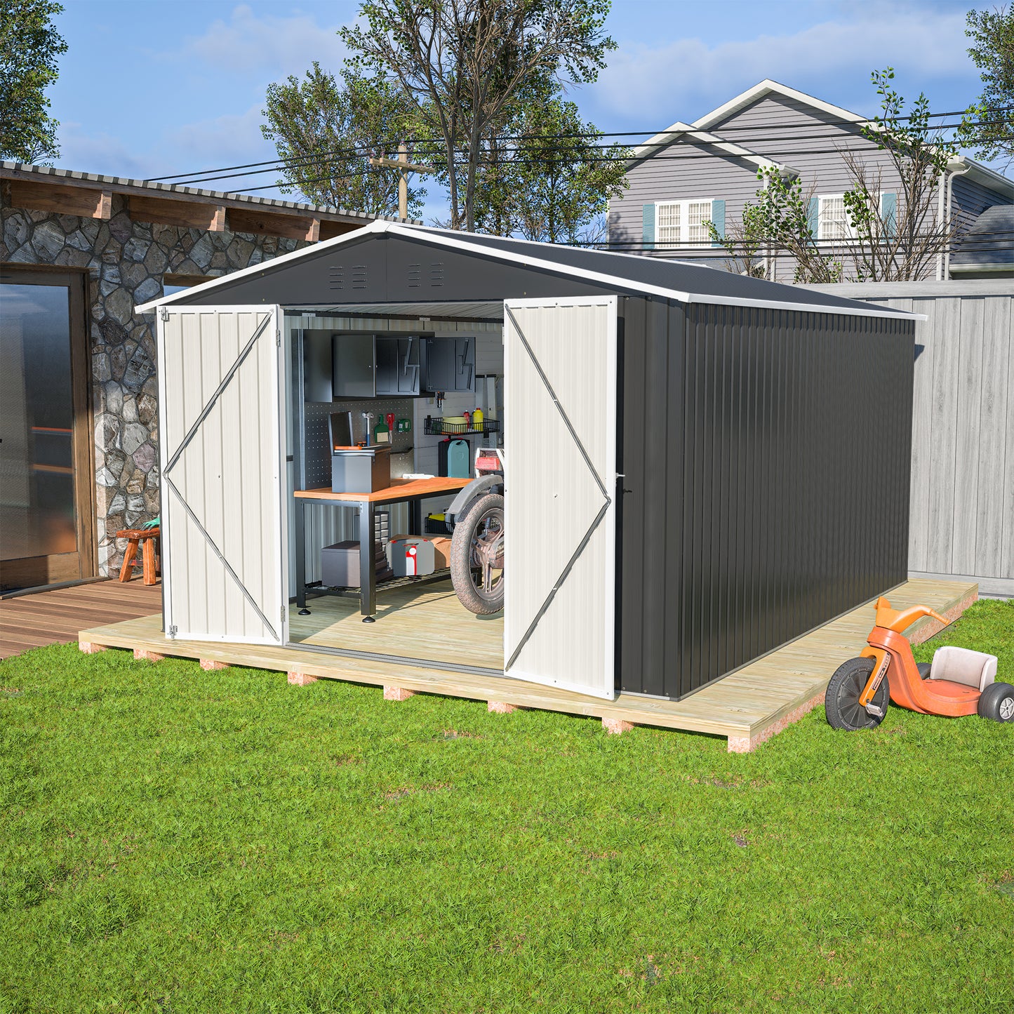 Metal Outdoor Storage Shed 10x12 FT with Lockable Doors - Black