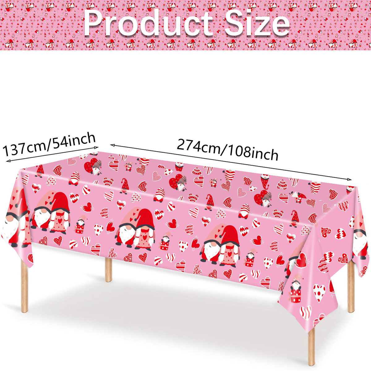 Valentine's Day Disposable Tablecloth - Heart & Love Gnome Design, 137x274cm, Party Table Cover