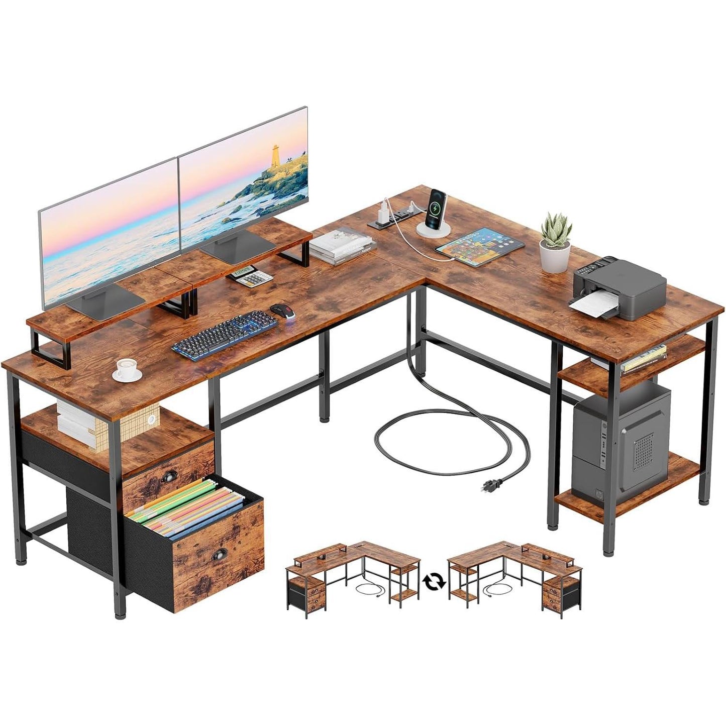 L-Shaped Office Desk with Power Socket and Monitor Stands - Brown