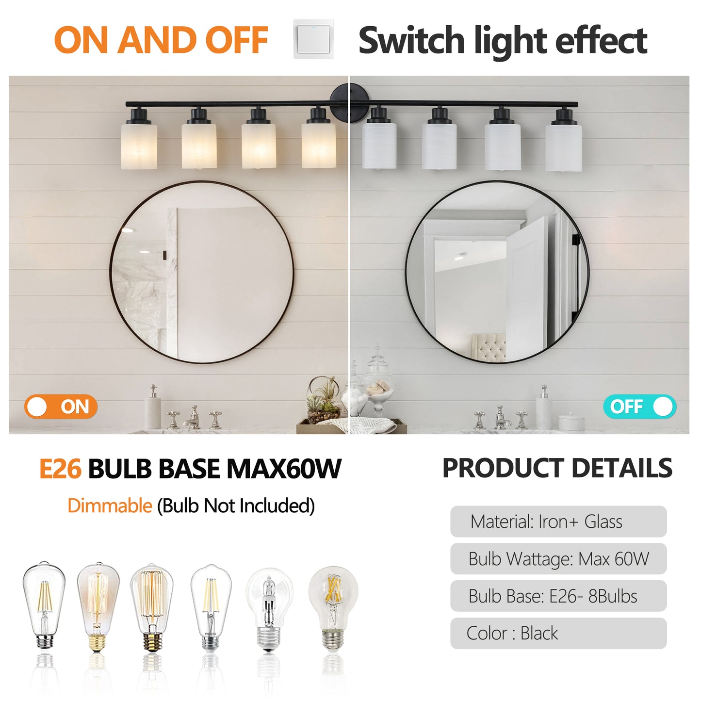 Modern 8-Light Vanity Wall Sconce - Frosted Glass & Black Frame