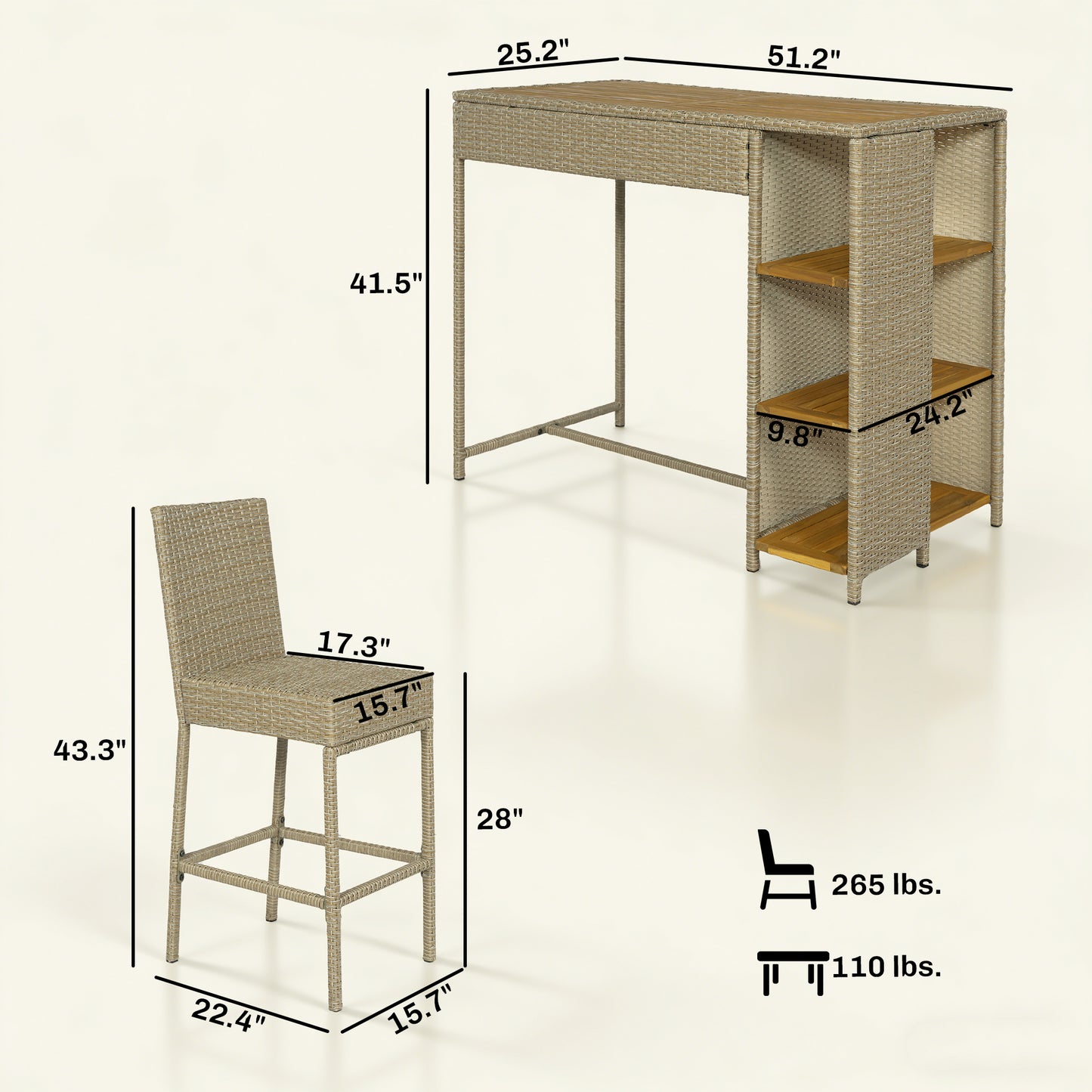 Outdoor Bar Set with Acacia Wood Table & 4 Chairs - Brown