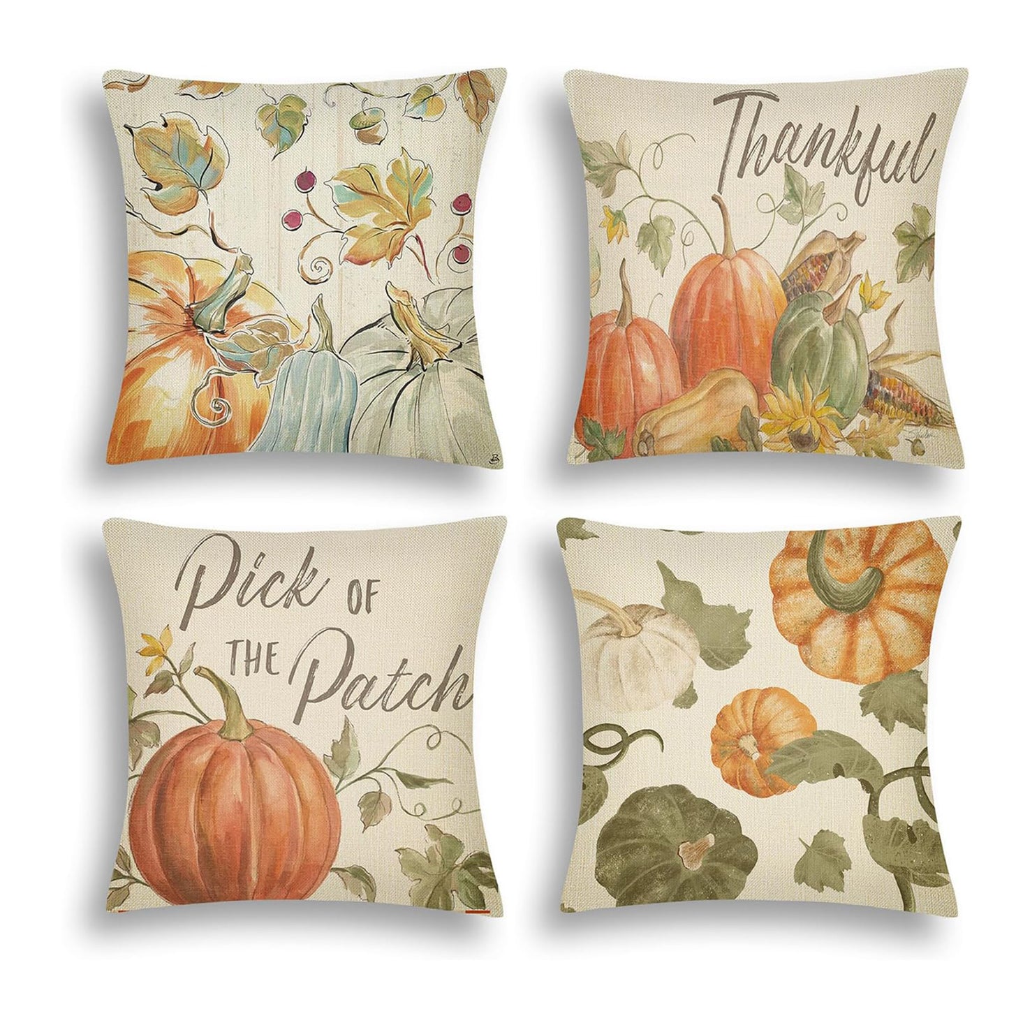 Thanksgiving Pillow Covers Set - 4 Pack, Watercolor Linen, 18x18